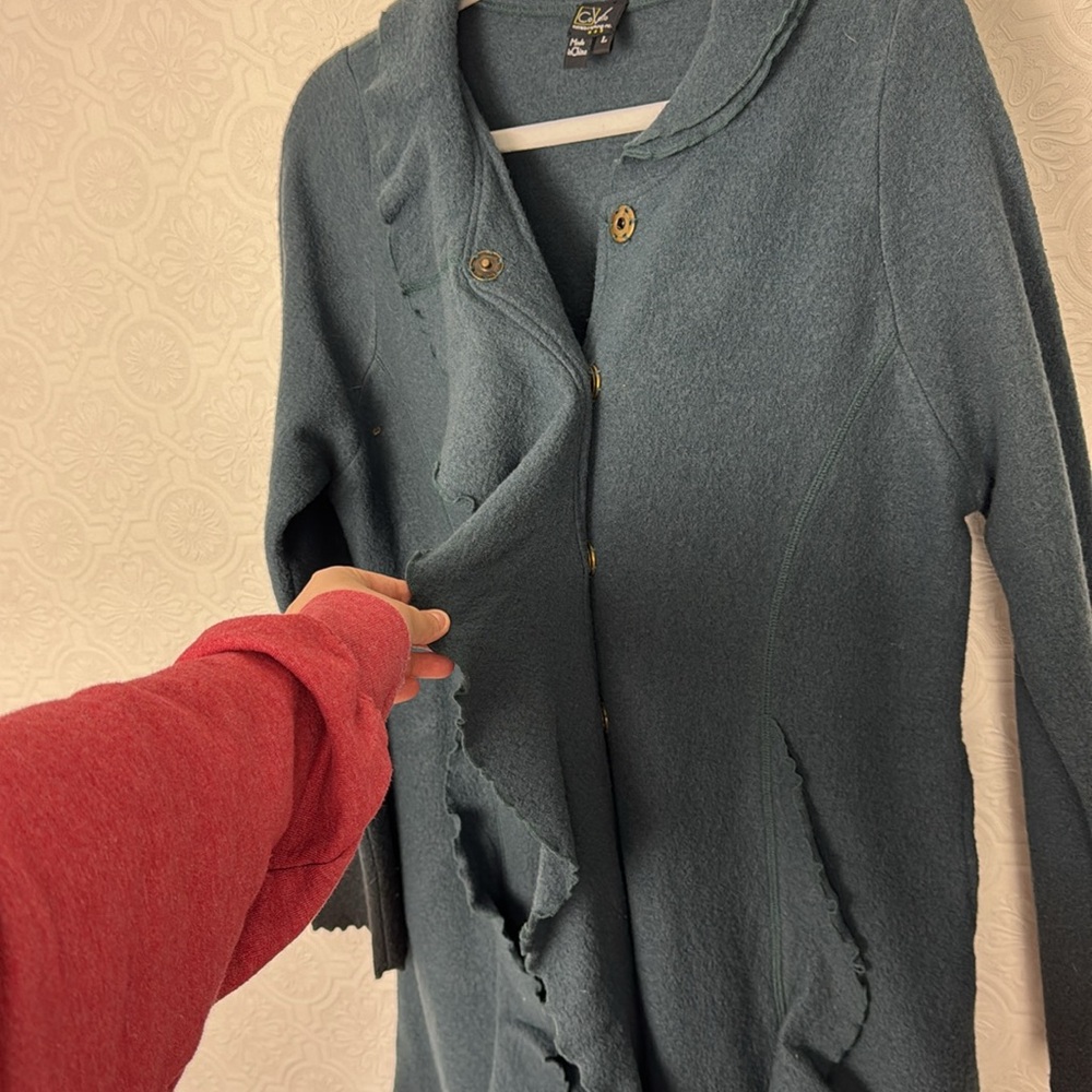 CoVelo Wool Coat Teal Longline Flutter Flower Ombré Artsy Art To‎ Wear Lagenlook - Picture 6 of 8